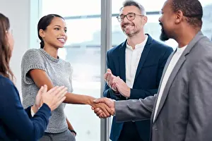 Promotion Prints: Business people, handshake and clapping in meeting celebration
