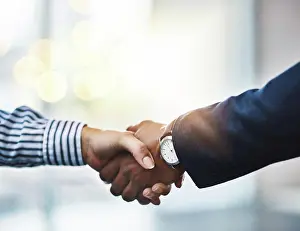 Successful Prints: Business people, handshake and deal with promotion in office for meeting