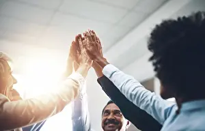 Partners Prints: Business people, high five or hands together for success