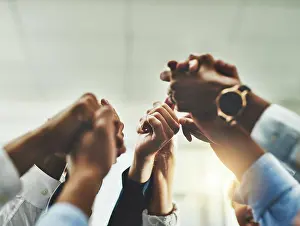 Global Prints: Business people, holding hands and circle of trust in office