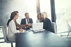 Invest Prints: Business people, laptop and handshake in office for agreement