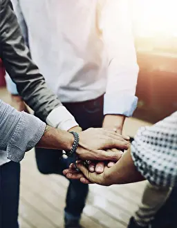 Partnership Prints: Business people, meeting and hands together with team for motivation