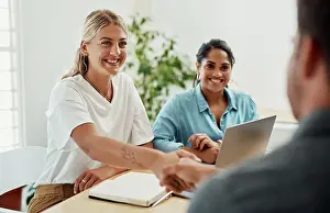Press Prints: Business people, meeting and handshake with professional