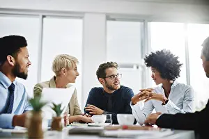 Global Prints: Business people, meeting and planning with company contract and deal with conversation