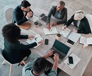 Chart Prints: Business people, meeting and tech with charts for sales review