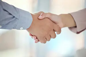 Networking Prints: Business people, shaking hands and corporate agreement with welcome support