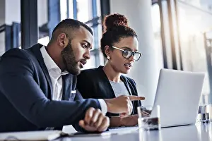 Case Prints: Business, people and solution with laptop in office for trial preparation