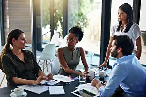 Conference Prints: Business people, strategy meeting and conference in boardroom for budget seminar and financial report