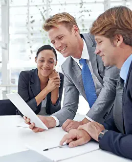 Problem Solving Prints: Business people, tablet and discussion for research in office