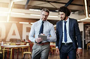 Networking Prints: Business people, tablet and talking or walking in office with discussion for project management and client briefing