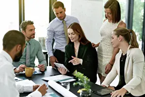 Blueprint Prints: Business people, team and discussion on tablet for planning