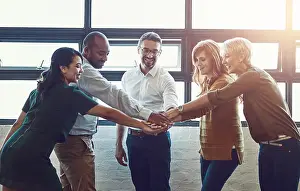 Successful Prints: Business people, team and hands with huddle in office for collaboration with synergy
