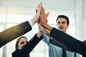 Solidarity Prints: Business people, teamwork and high five for success