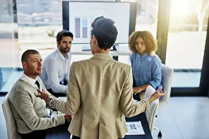 Chart Prints: Business person, coach and screen with team in meeting