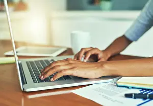 Successful Prints: Business person, hands and typing with laptop for email