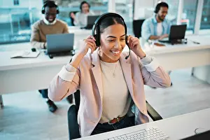 Conversation Prints: Business woman, call center and headphones to start communication