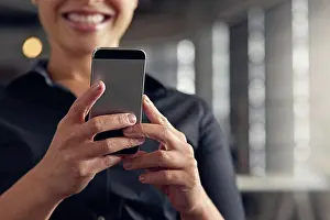 Mail Prints: Business woman, hands and phone in office for public relations email or press release update