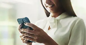 Account Prints: Business, woman and hands scroll with phone in office for cryptocurrency research or reading stock market news