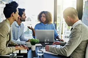 Paperwork Prints: Business woman, laptop and coaching with team in meeting