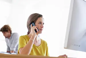 Conversation Prints: Business woman, phone call and consultant with computer for conversation