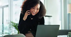 Speaking Prints: Business, woman and phone call with laptop in office for communication