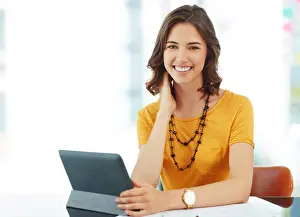 Business woman with tablet, portrait and research ideas for inspiration for project at digital marketing agency