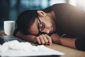 Sleeping Prints: Business, woman and tired with sleeping in office for low energy