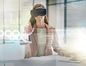 Analytics Prints: Business woman, VR and analytics on overlay for future data