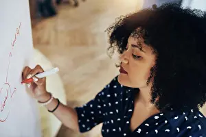 Report Prints: Business, writing and woman with whiteboard