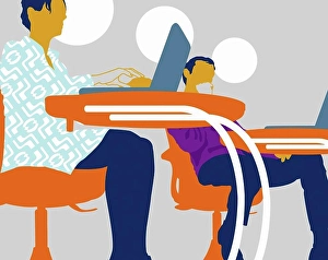 Illustration Prints: Businessman and businesswoman using laptops at classroom desks