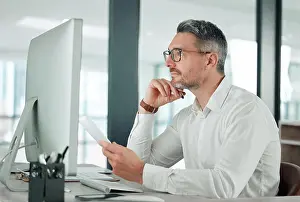 Analysis Prints: Businessman, computer and thinking on research