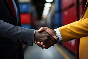 Shipment Prints: businessman handshake of business deal with logistic. Generative AI