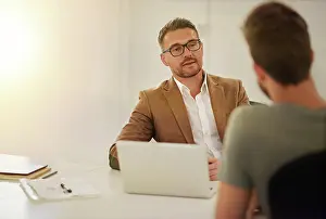Conversation Prints: Businessman, laptop and interview conversation with candidate for recruitment