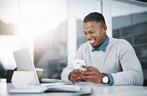 Texting Prints: Businessman, laptop and laugh with cellphone