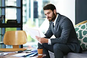Paperwork Prints: Businessman, lawyer and reading with documents at office for case
