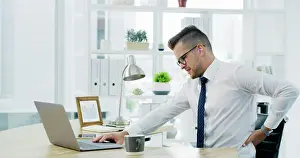 Exhausted Prints: Businessman, back pain and laptop at office