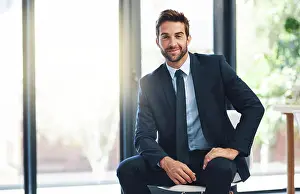 Ambition Prints: Businessman, pride and chair in office with portrait for ambition