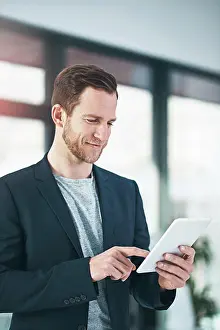 Tablet Prints: Businessman, tablet and online research or internet for real estate website or property management
