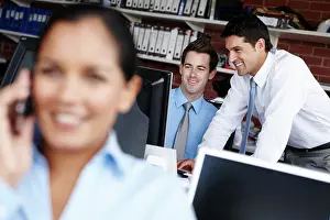 Advisor Prints: Businessman, teamwork and helping on computer in office with payroll system