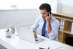 Conversation Prints: Businessman, working and laptop in phone call with client for feedback and update to discuss terms
