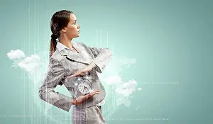 Deadline Prints: Businesswoman holding alarmclock