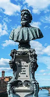 Florence Prints: Bust of Benvenuto Cellini, Ponte Vecchio Bridge over Arno River, Florence, Italy, Europe