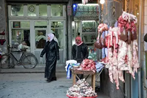 Arabic Prints: Butcher and barber shop in Aleppo in Syria