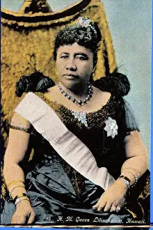 Gown Prints: c.1892 Queen Liliuokalani color portrait sitting in throne C1527