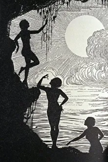 1930 Prints: c.1930 Don Blanding painting in black and white of silhouette of women standing by ocean