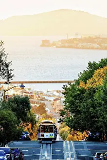 Tram Prints: Cable car on Hyde Street with Alcatraz in background; San Francisco