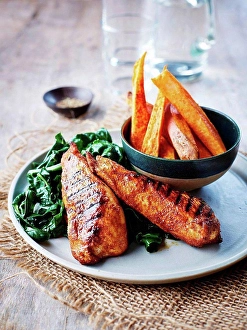Invigorating Prints: Cajun chicken with chard and sweet potato chips