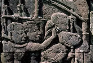 Cambodia, Angkor, Angkor Thom, Bayon Temple, Gallery With Bas-Reliefs, Battle Scene Detail