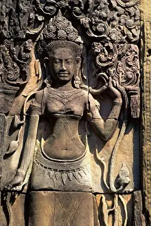 Asian Prints: CAMBODIA, ANGKOR, ANGKOR THOM, BAYON TEMPLE, BAS-RELIEF, APSARA, DETAIL