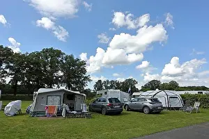 Camping with caravan, caravan with awning, Camping Sonnensee, Versmold, North Rhine-Westphalia, Germany, Europe